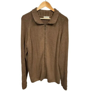 American Blue‎ 100% Cotton Full Zip Knit Sweater Tan Brown Ribbed Collar Men's L
